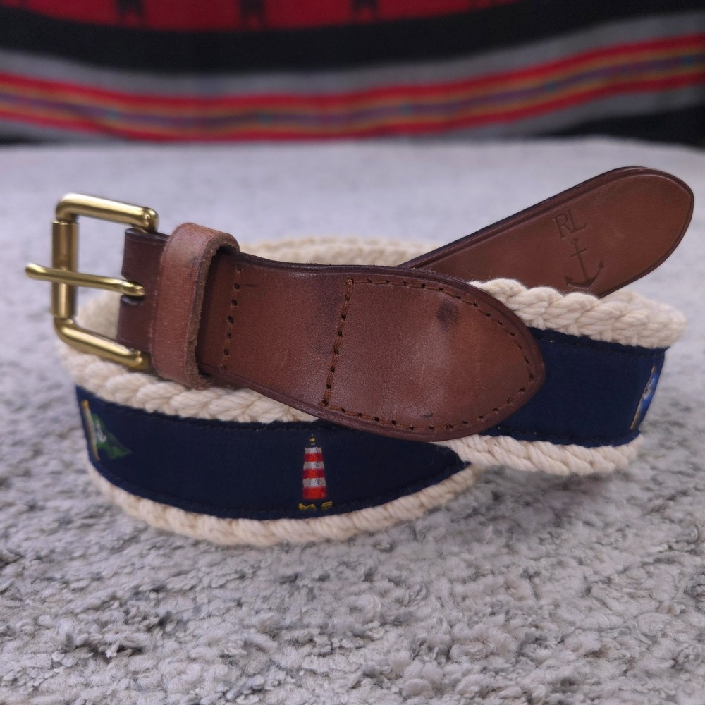 Polo Ralph Lauren Belt Mens Size 34 Nautical Woven Lighthouse Woven Gold Buckle